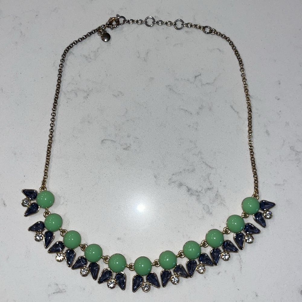 J. Crew blue crystal and green enamel bead necklace.